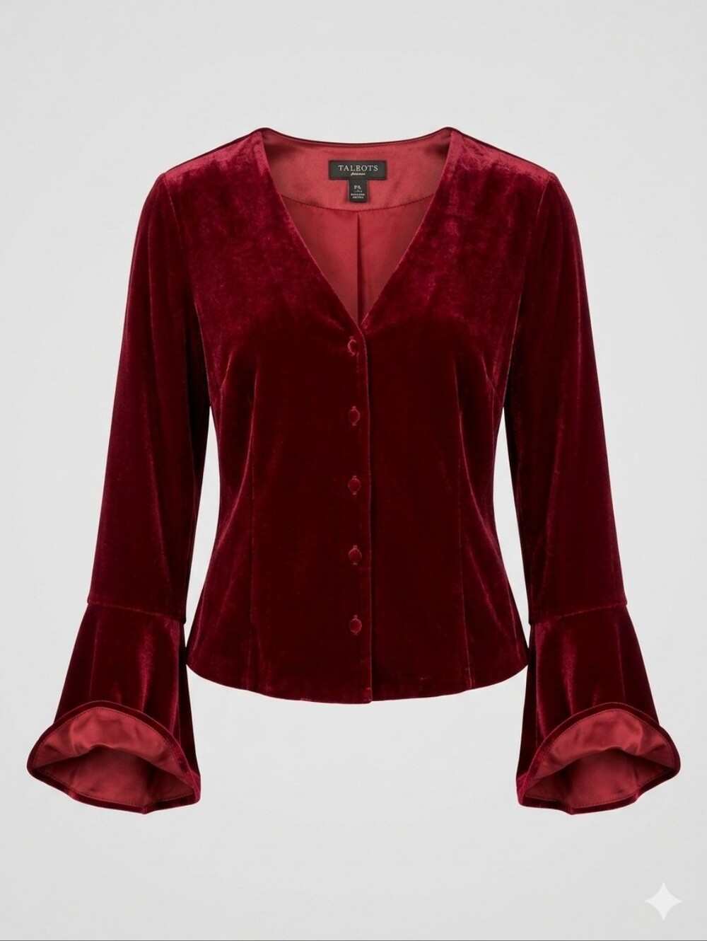 Vintage Talbots Red Velvet Bell Sleeve V-Neck Top 12 Silk Blend
